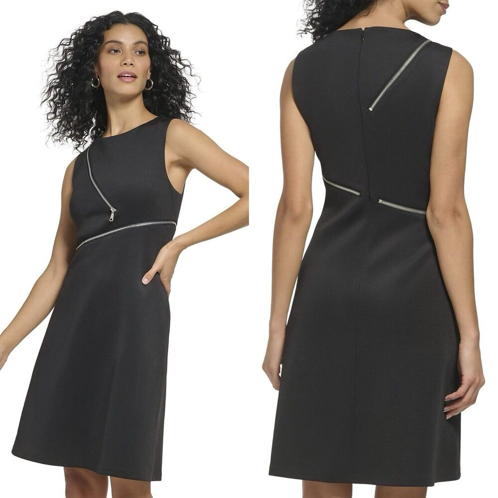 DKNY Womens‎ Scuba Dress 12 Black Fit & Flare Zipper Detail Office Minimalist
